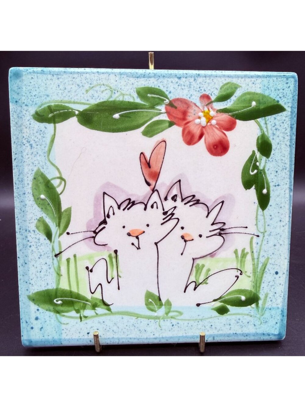 Two White Cats In Love Hand Painted Ceramic Art Tile Floral Border Signed 6 Inch
